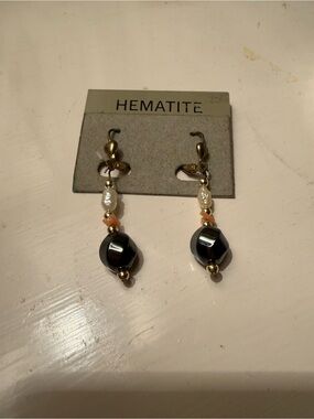 Hematite Black Bead Drop Earrings with Pearl Accents